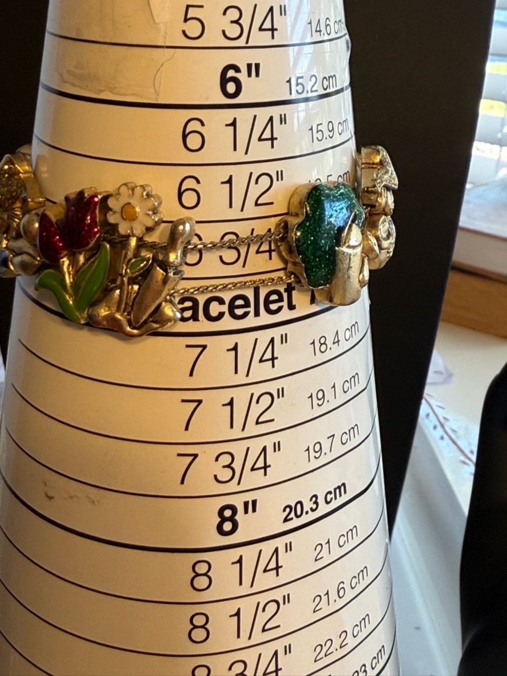 Gold-Tone Floral and Garden Charm Bracelet - Green, Red, White Glitter Enamel 7” - Picture 8 of 8